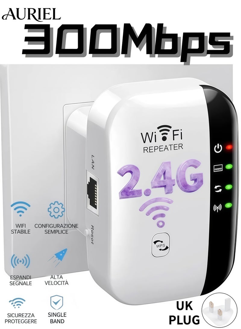 AURIEL 300Mbps 2.4Ghz Single Band WiFi Extender Signal Booster, Wireless Network Repeater, Long Range Amplifier with Ethernet Port, Access Point, 360° Full Coverage - White - Image 1